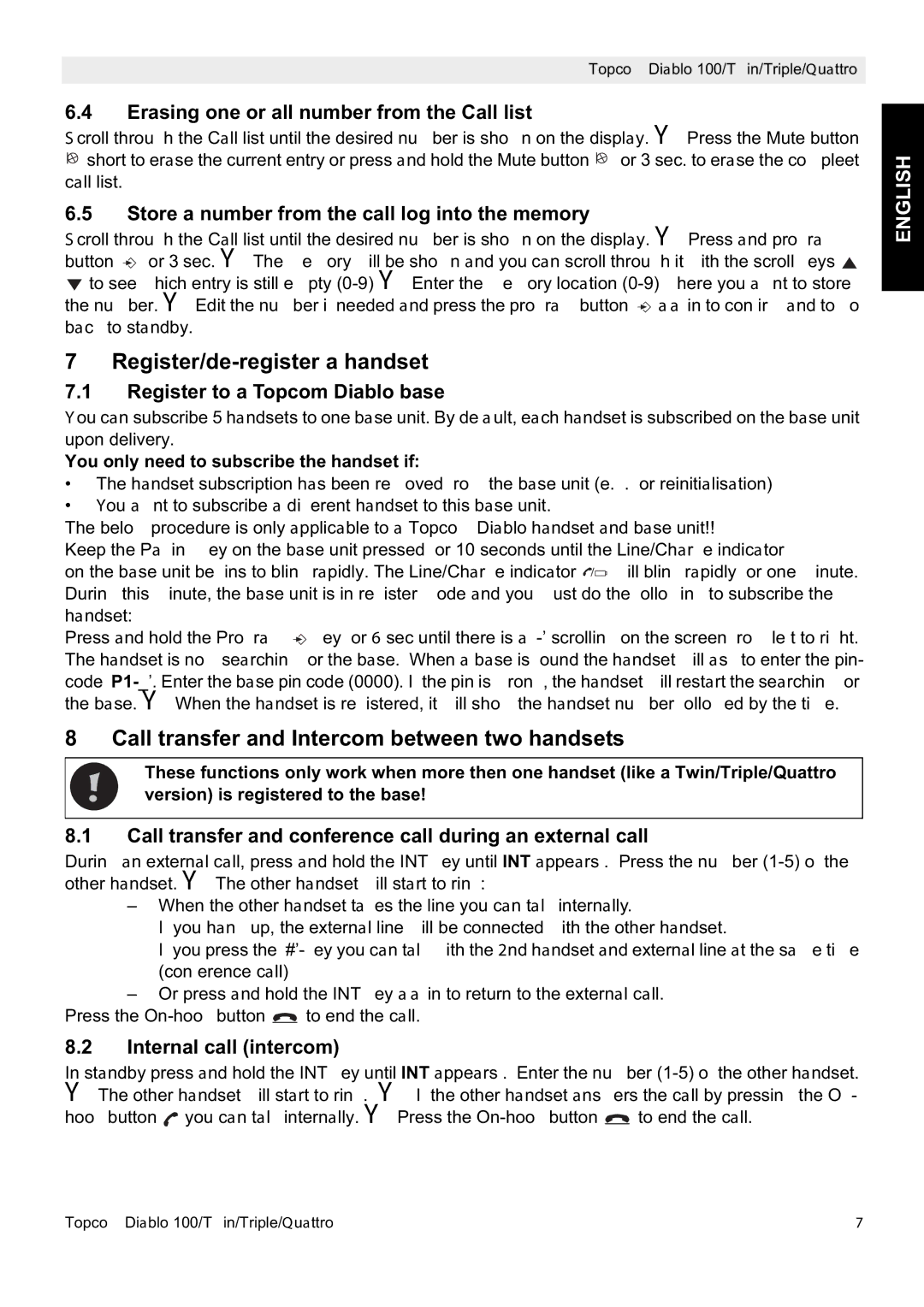 Topcom DIABLO 103 manual Register/de-register a handset, Call transfer and Intercom between two handsets 