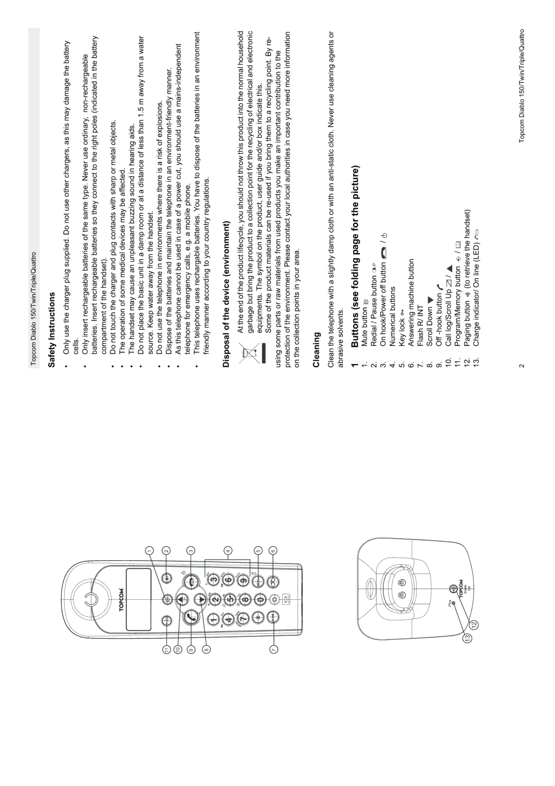 Topcom DIABLO 150 manual Buttons see folding page for the picture 