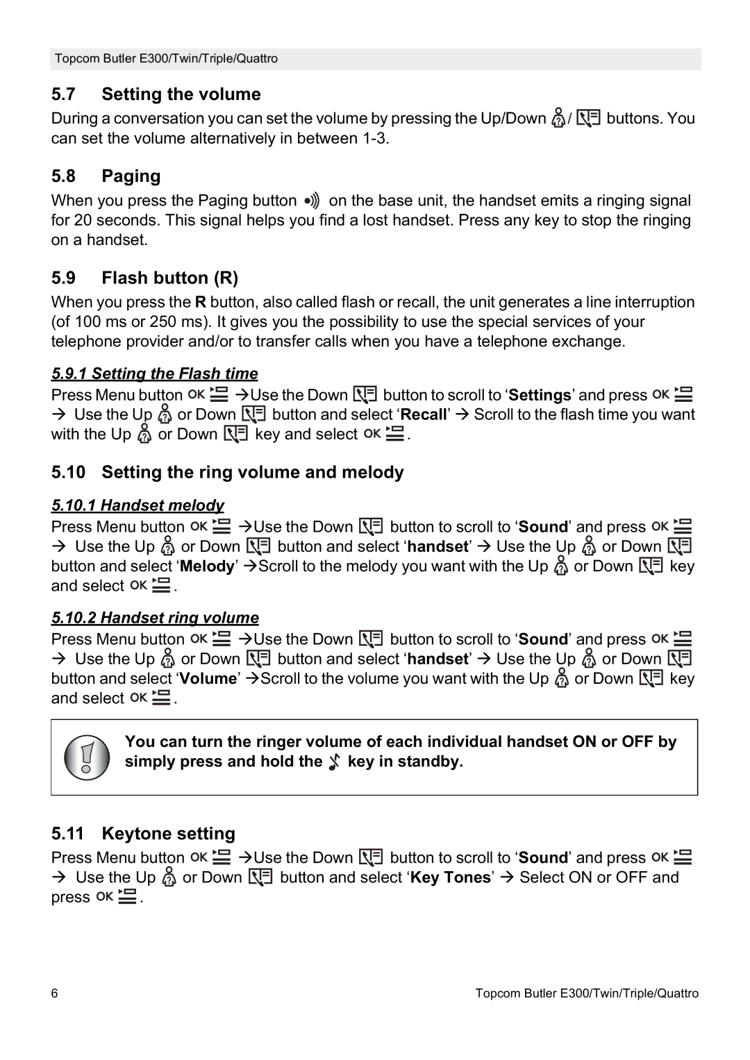 Topcom E300 manual do utilizador Setting the volume, Paging, Flash button R, Setting the ring volume and melody 