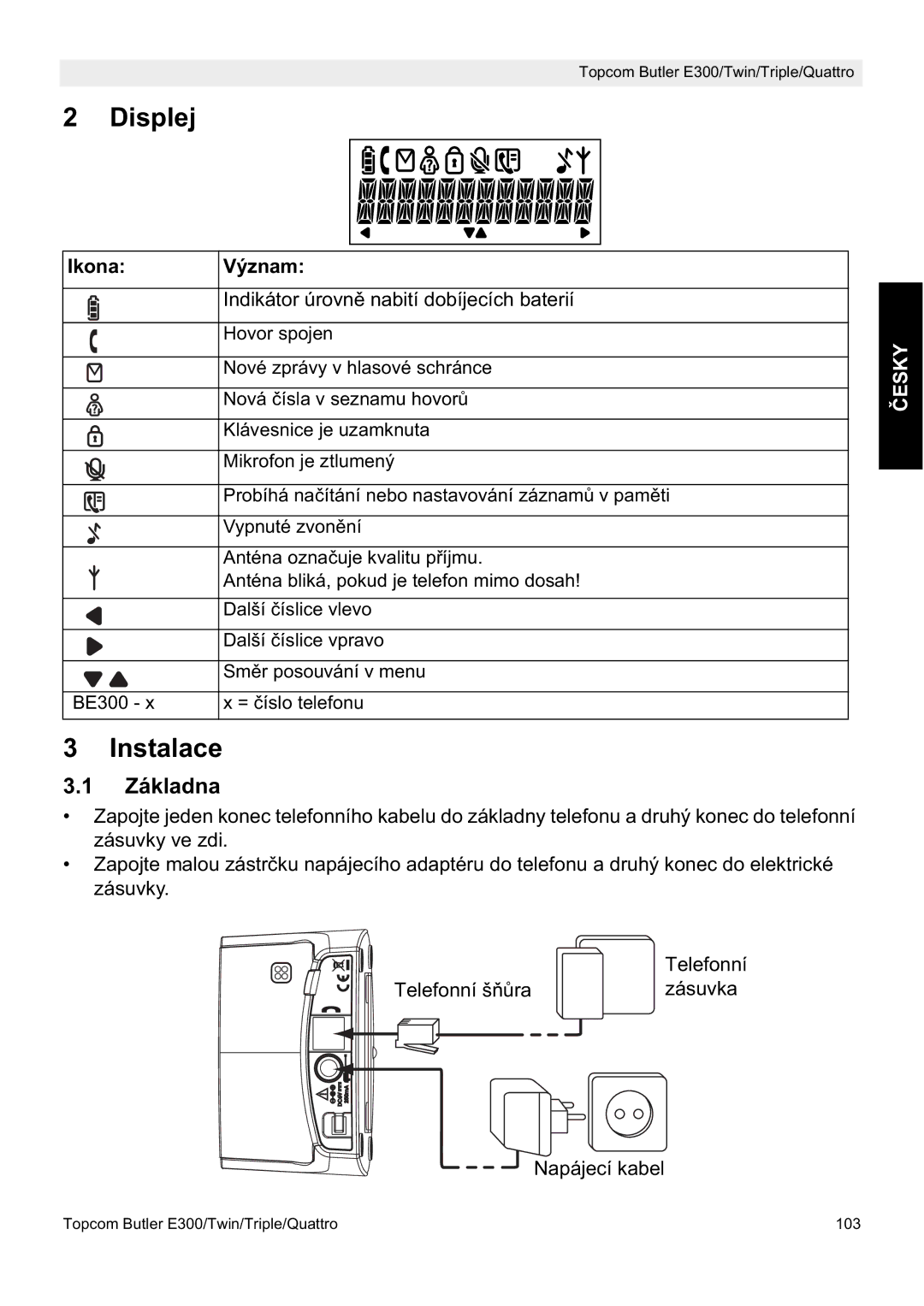 Topcom E300 manual do utilizador Displej, Instalace, Základna, Ikona Význam 