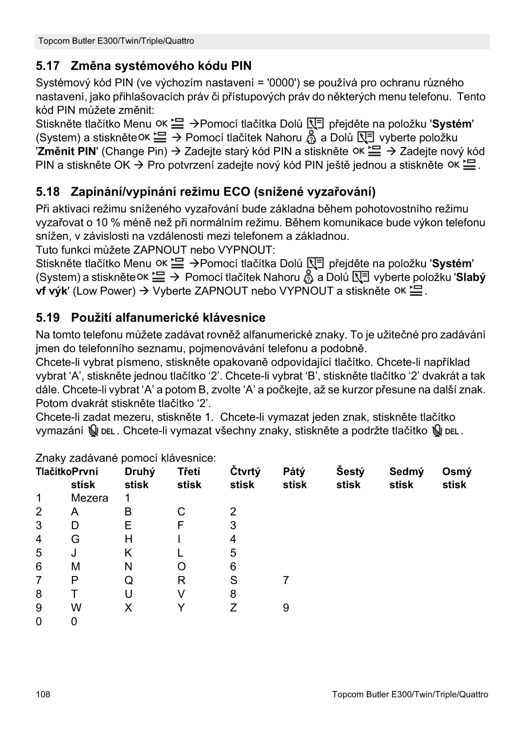 Topcom E300 manual do utilizador 17 ZmČna systémového kódu PIN, 18 Zapínání/vypínání režimu ECO snížené vyzaĜování 