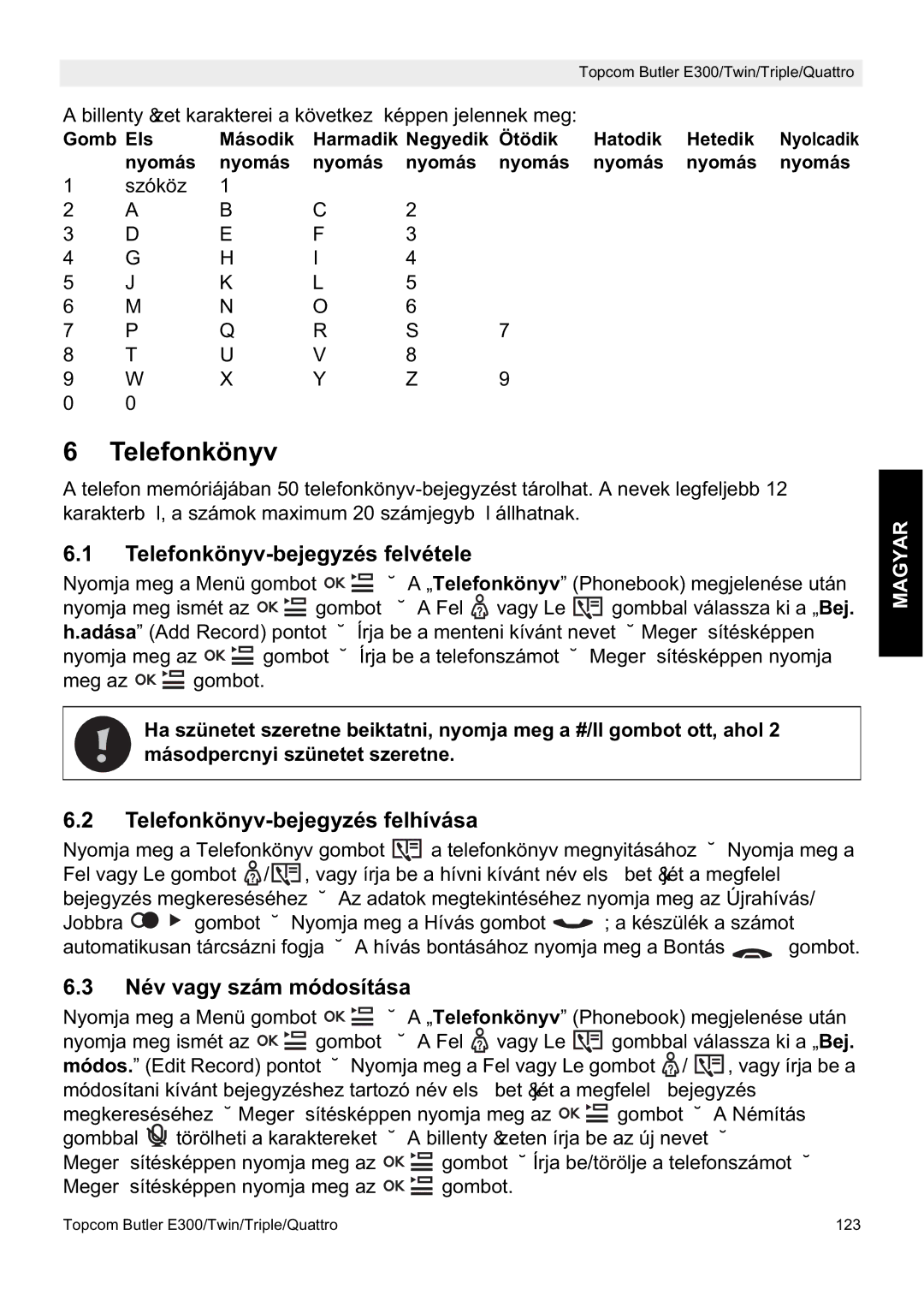 Topcom E300 Telefonkönyv-bejegyzés felvétele, Telefonkönyv-bejegyzés felhívása, Név vagy szám módosítása 