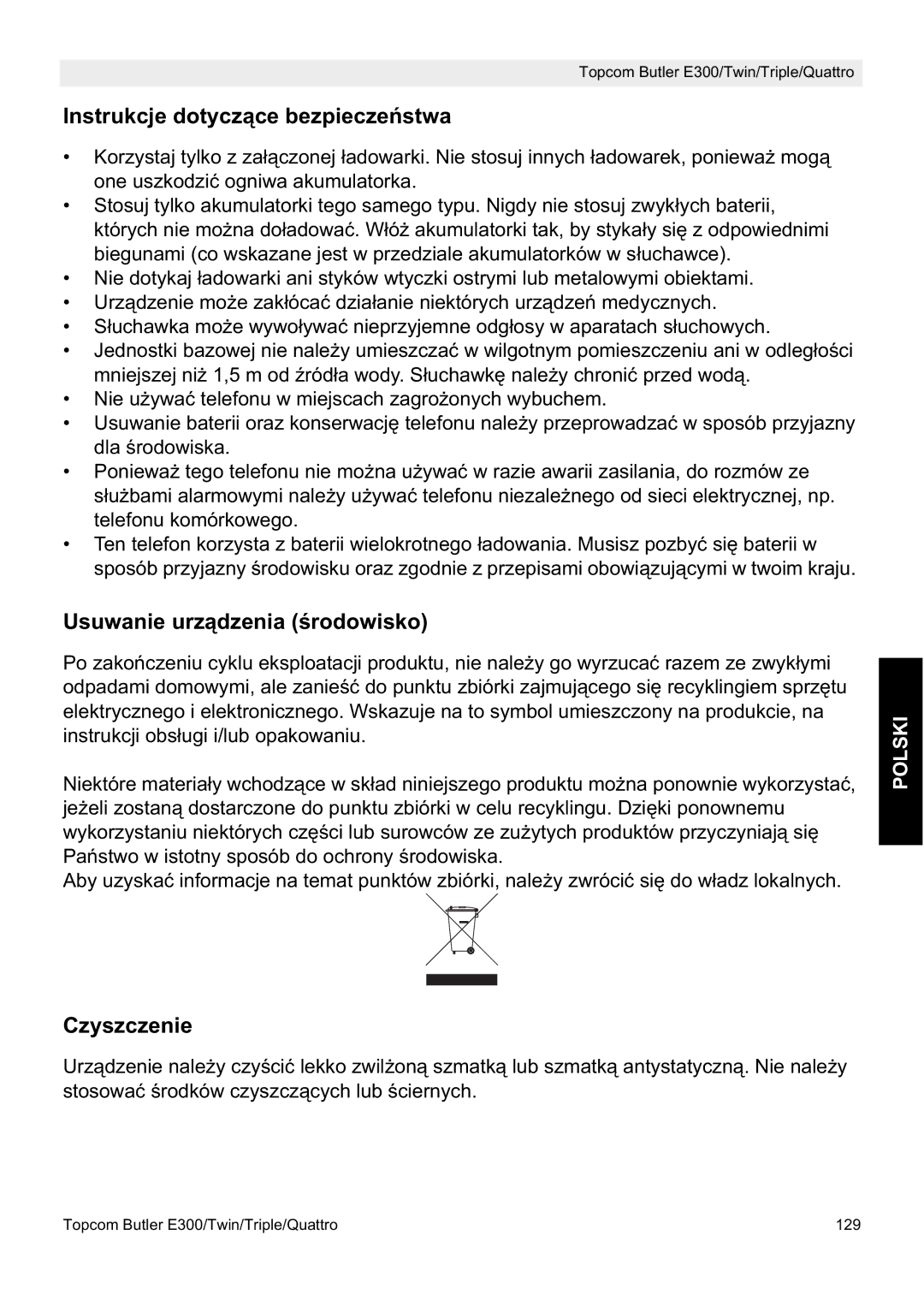 Topcom E300 manual do utilizador Instrukcje dotyczące bezpieczeĔstwa, Usuwanie urządzenia Ğrodowisko, Czyszczenie 