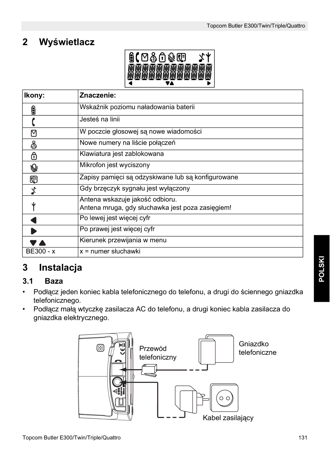 Topcom E300 manual do utilizador WyĞwietlacz, Instalacja, Baza, Ikony Znaczenie 