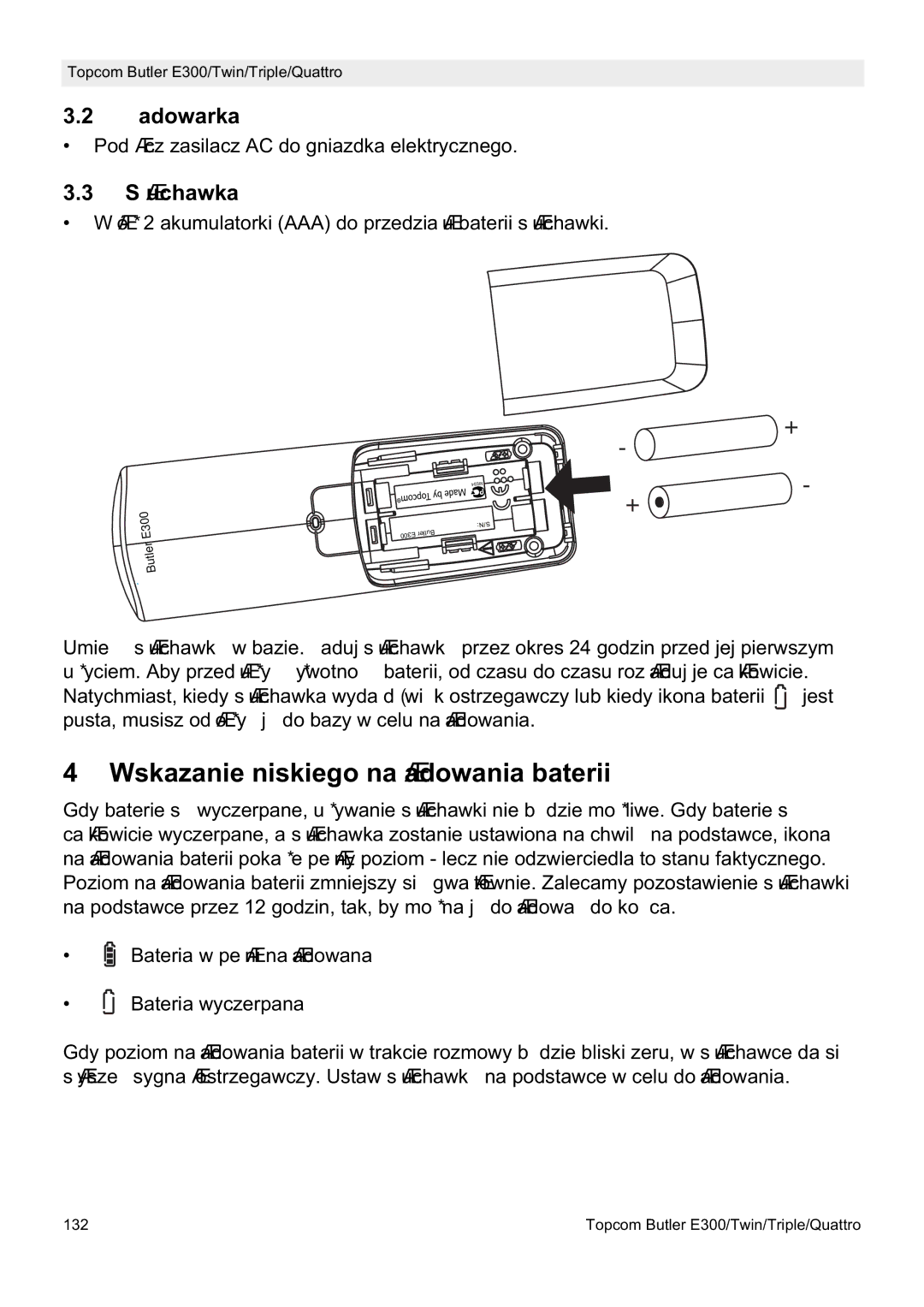 Topcom E300 manual do utilizador Wskazanie niskiego naáadowania baterii, Àadowarka, Sáuchawka 