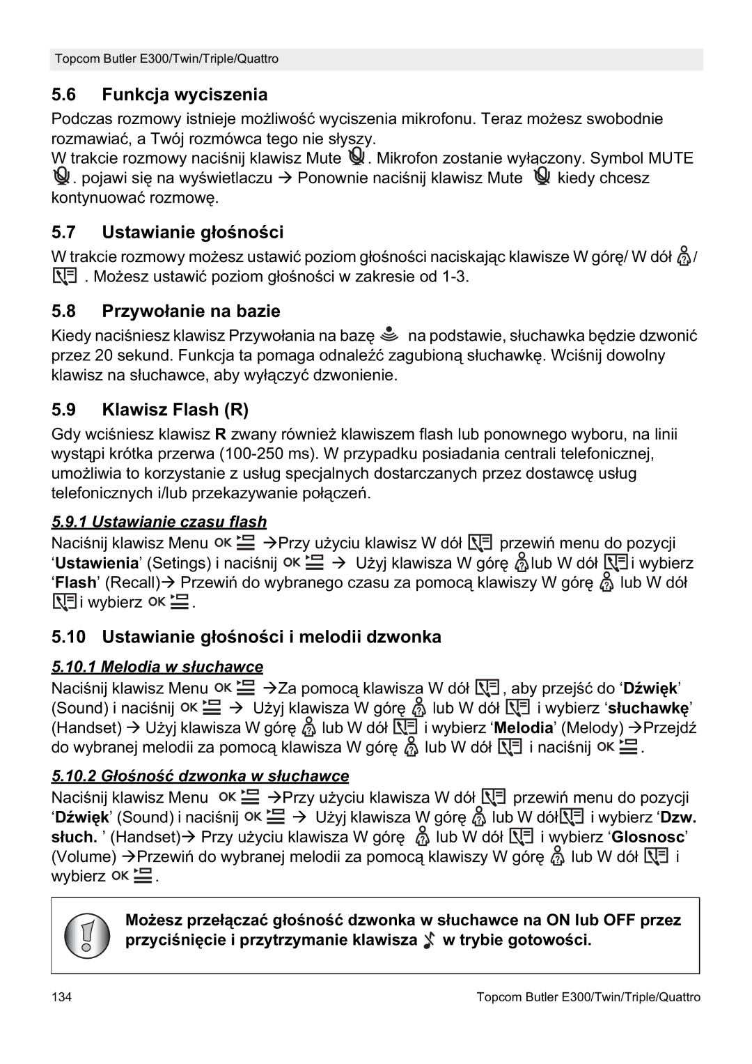 Topcom E300 manual do utilizador Funkcja wyciszenia, Ustawianie gáoĞnoĞci, Przywoáanie na bazie, Klawisz Flash R 