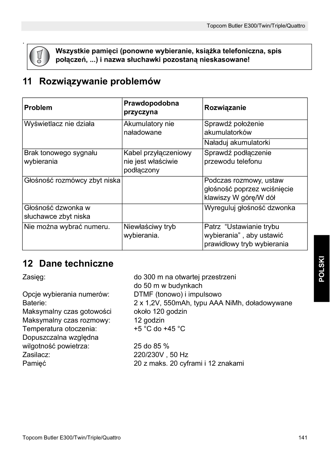 Topcom E300 manual do utilizador Rozwiązywanie problemów, Dane techniczne, Problem Prawdopodobna Rozwiązanie Przyczyna 