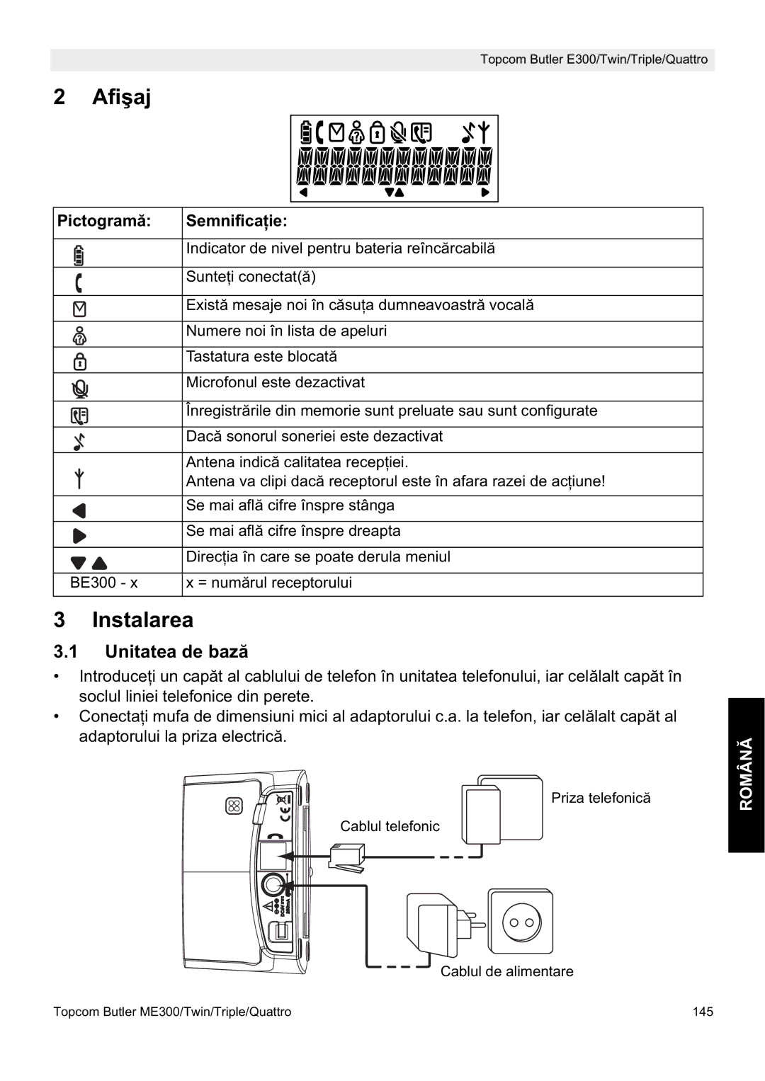 Topcom E300 manual do utilizador Afiúaj, Instalarea, Unitatea de bază, Pictogramă SemnificaĠie 