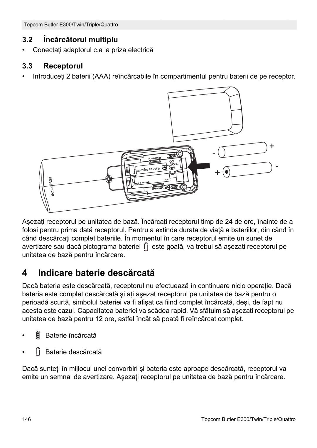 Topcom E300 manual do utilizador Indicare baterie descărcată, Încărcătorul multiplu, Receptorul 