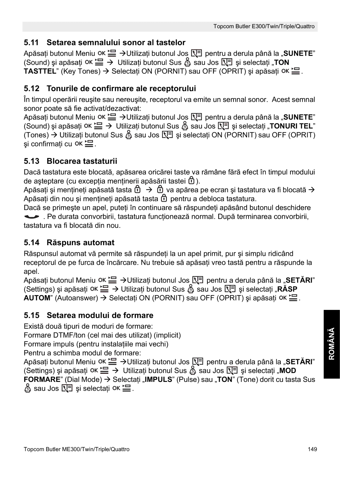 Topcom E300 Setarea semnalului sonor al tastelor, Tonurile de confirmare ale receptorului, Blocarea tastaturii 