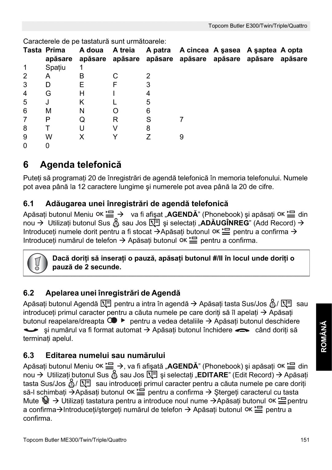 Topcom E300 Agenda telefonică, Adăugarea unei înregistrări de agendă telefonică, Apelarea unei înregistrări de Agendă 