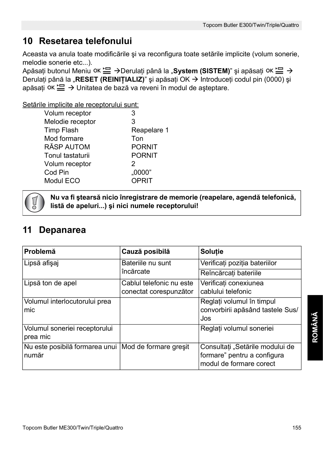 Topcom E300 manual do utilizador Resetarea telefonului, Depanarea, Problemă Cauză posibilă SoluĠie 