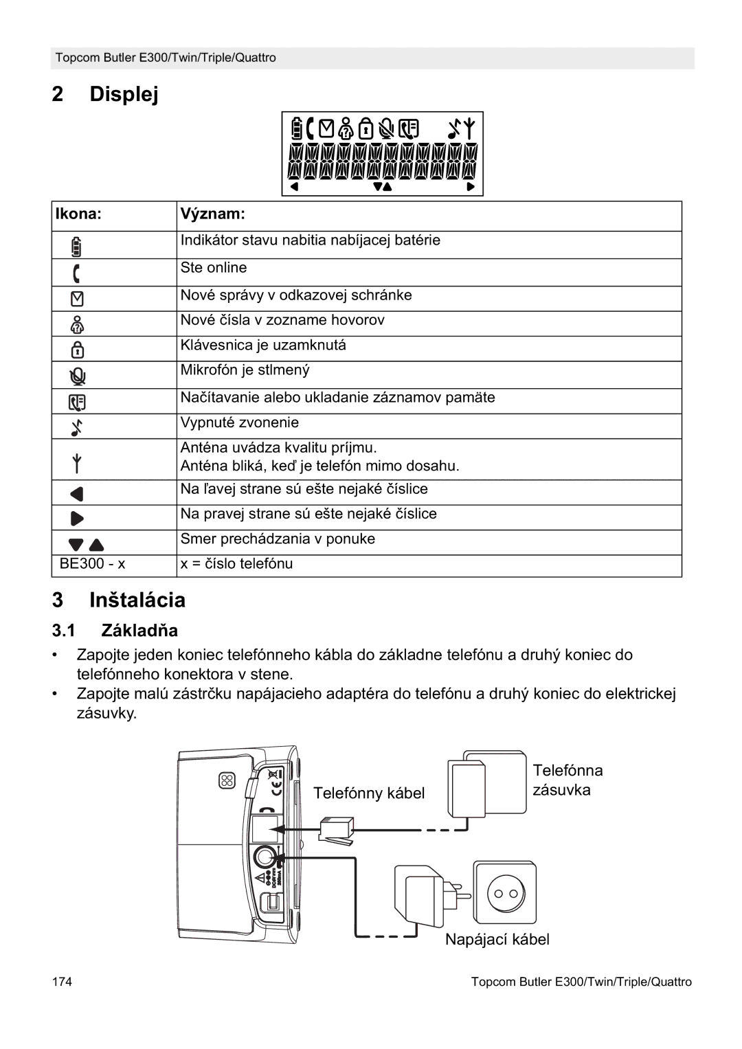 Topcom E300 manual do utilizador Inštalácia, ZákladĖa 