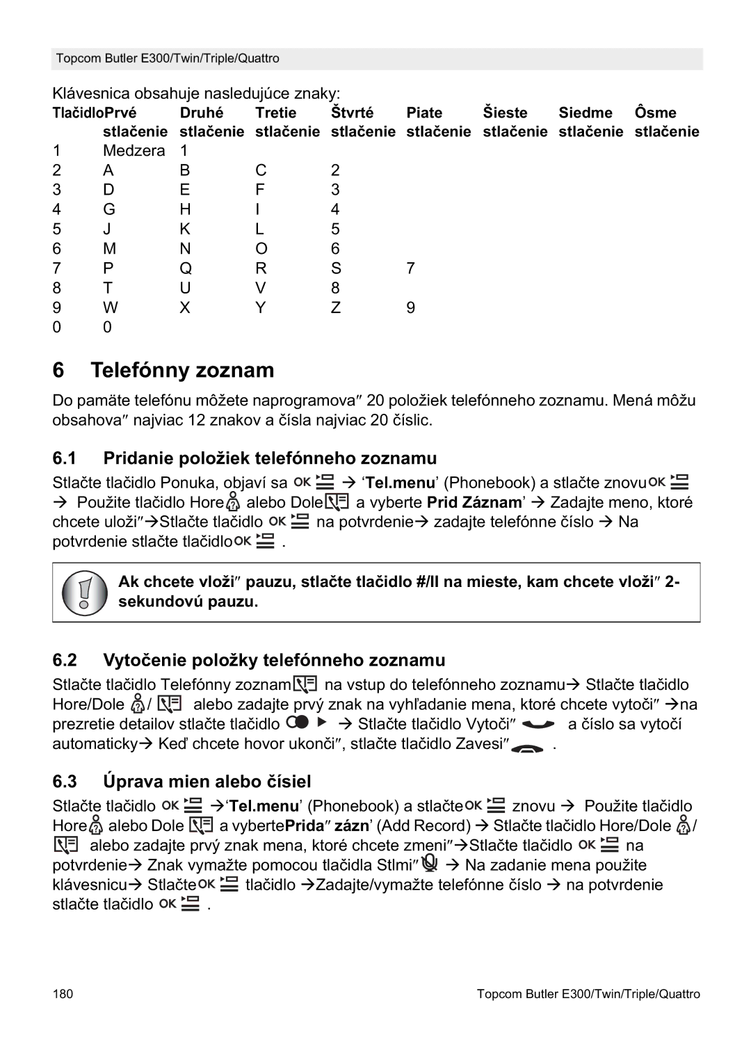 Topcom E300 Telefónny zoznam, Pridanie položiek telefónneho zoznamu, Vytoþenie položky telefónneho zoznamu 