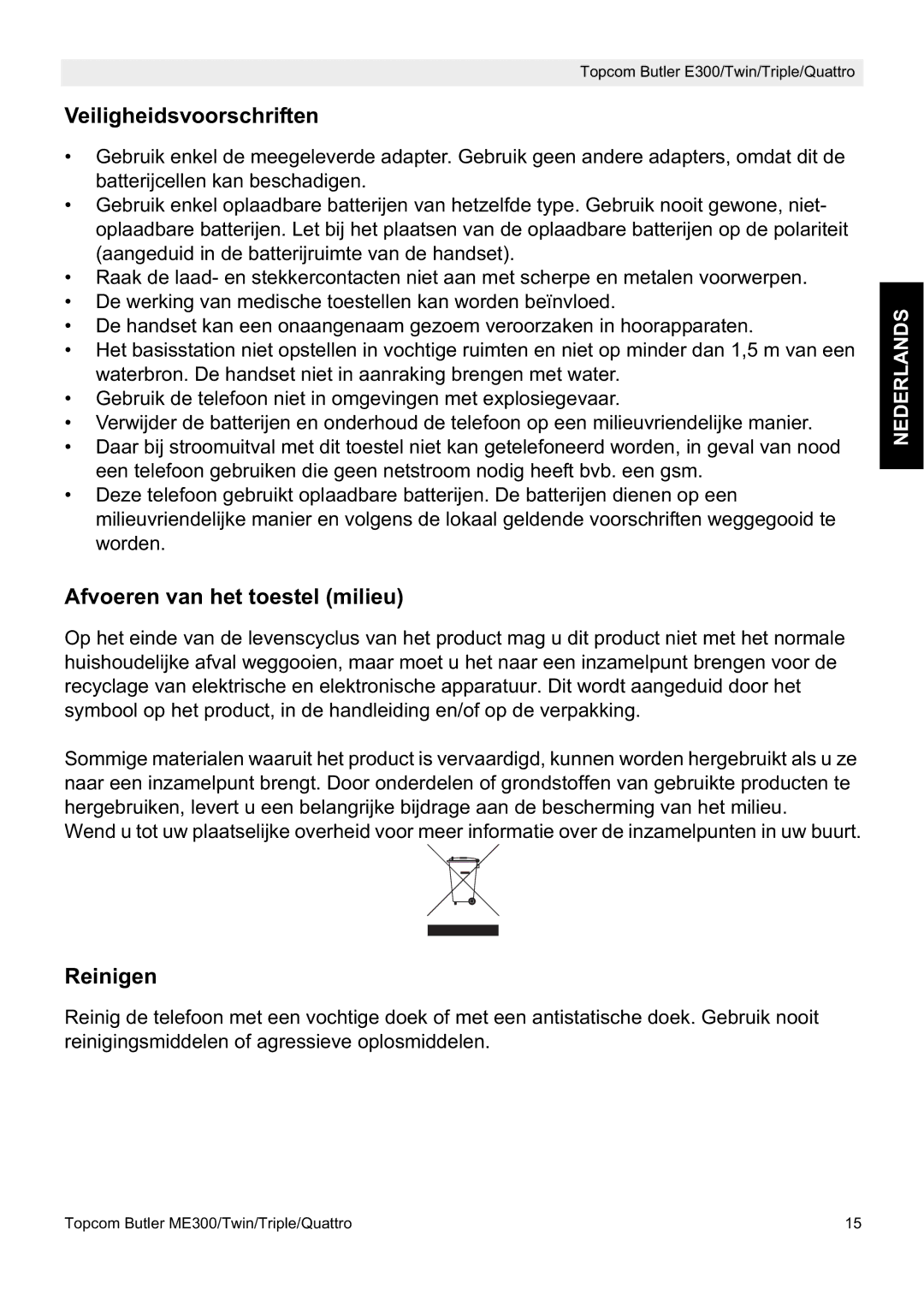 Topcom E300 manual do utilizador Veiligheidsvoorschriften, Afvoeren van het toestel milieu, Reinigen 