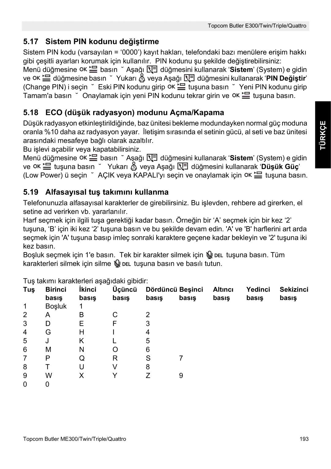 Topcom E300 Sistem PIN kodunu de÷iútirme, ECO düúük radyasyon modunu Açma/Kapama, Alfasayısal tuú takımını kullanma 