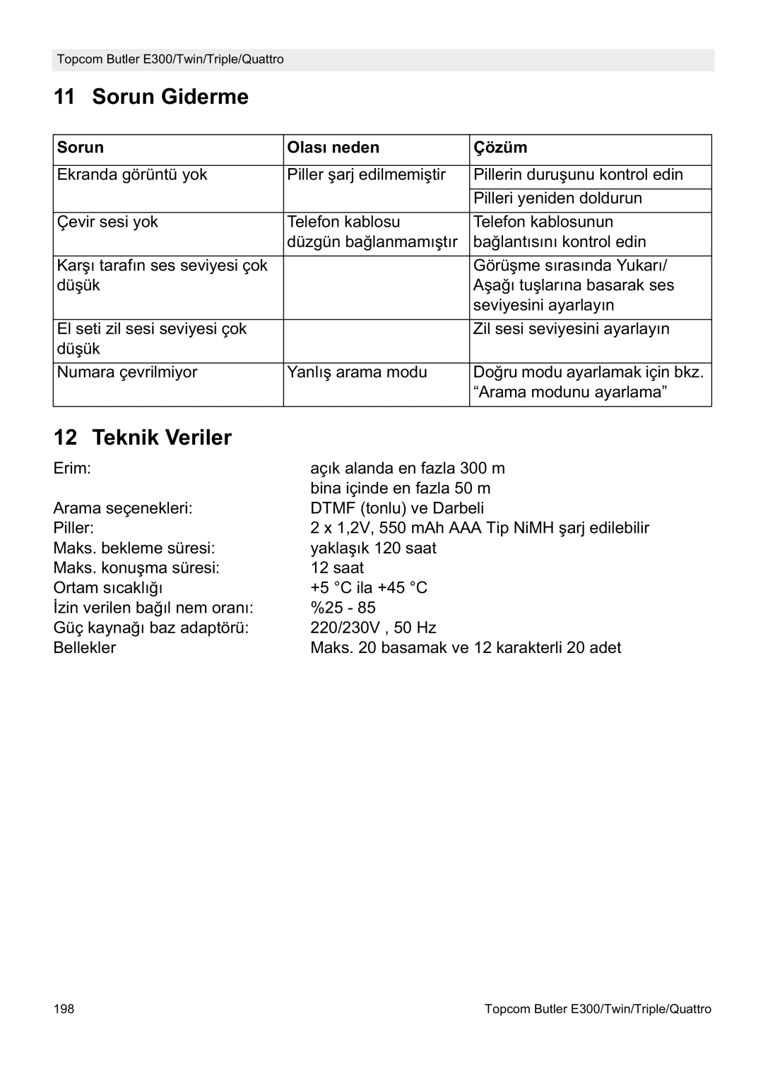 Topcom E300 manual do utilizador Sorun Giderme, Teknik Veriler, Sorun Olası neden Çözüm 