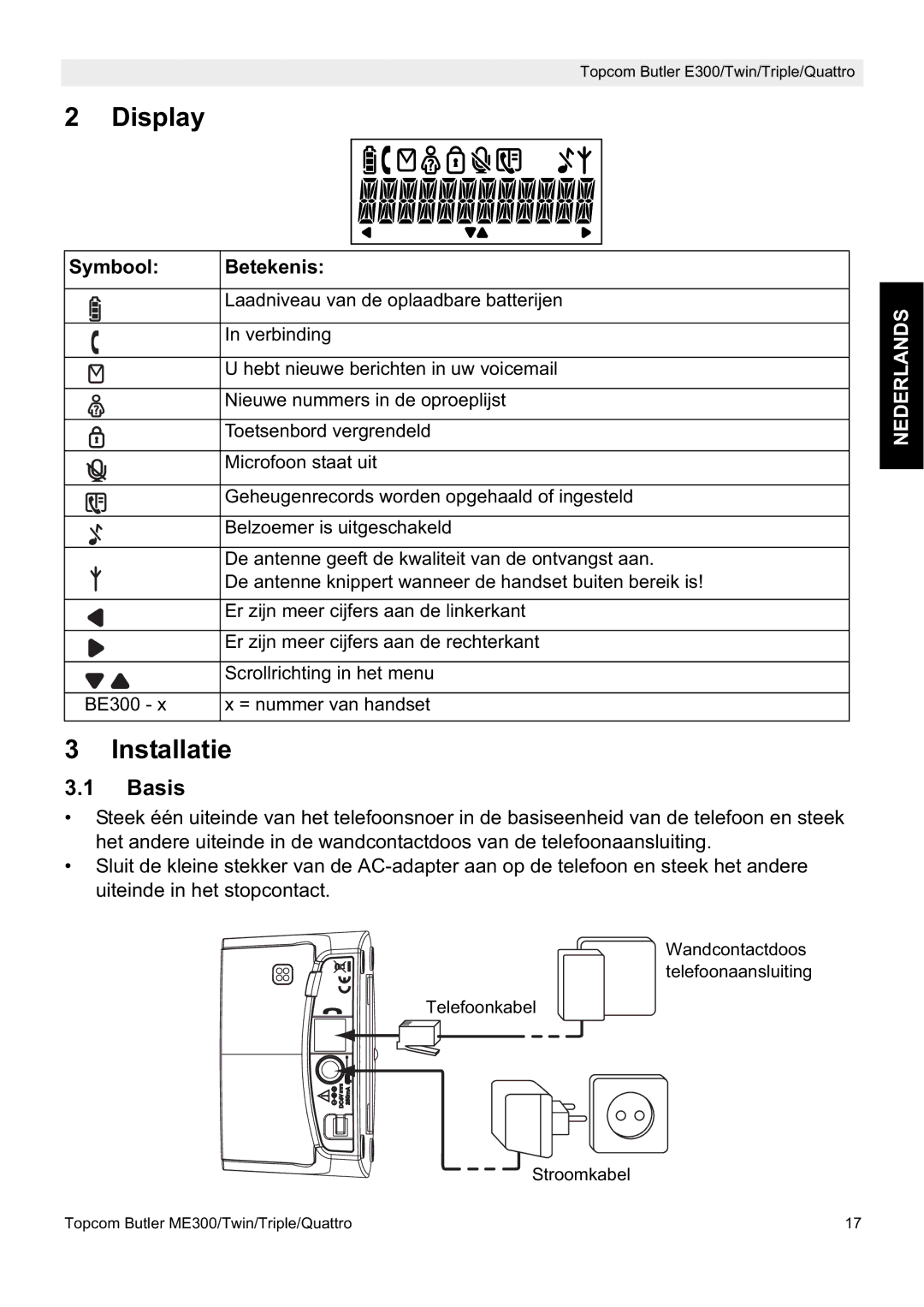 Topcom E300 manual do utilizador Installatie, Basis, Symbool Betekenis 