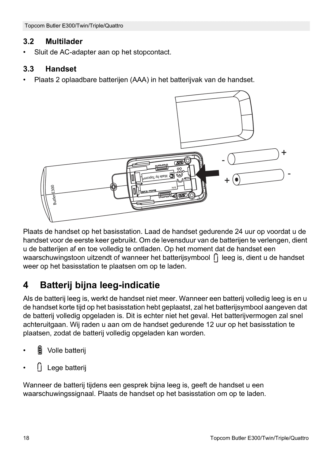 Topcom E300 manual do utilizador Batterij bijna leeg-indicatie, Multilader 