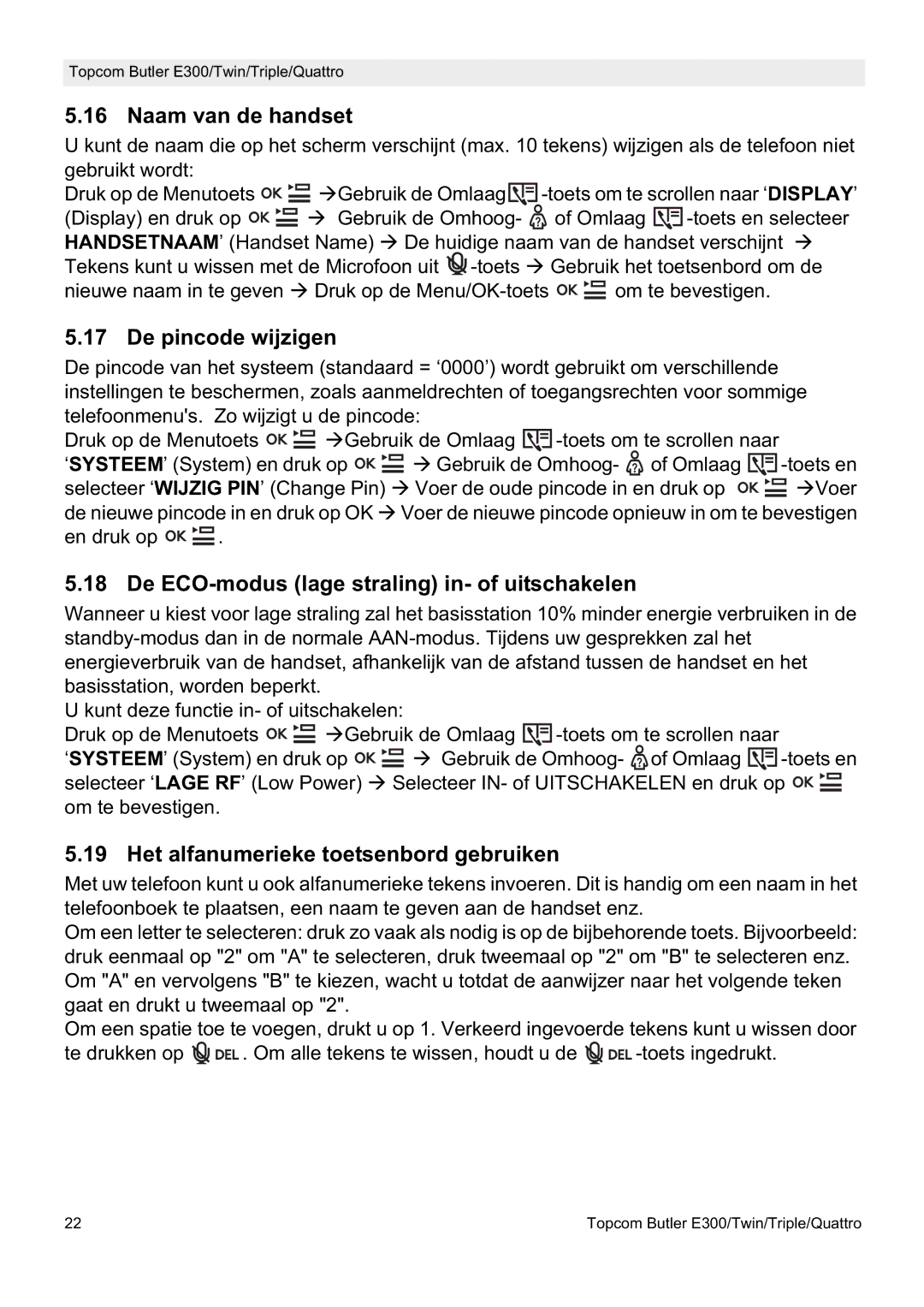 Topcom E300 manual do utilizador Naam van de handset, De pincode wijzigen, De ECO-modus lage straling in- of uitschakelen 