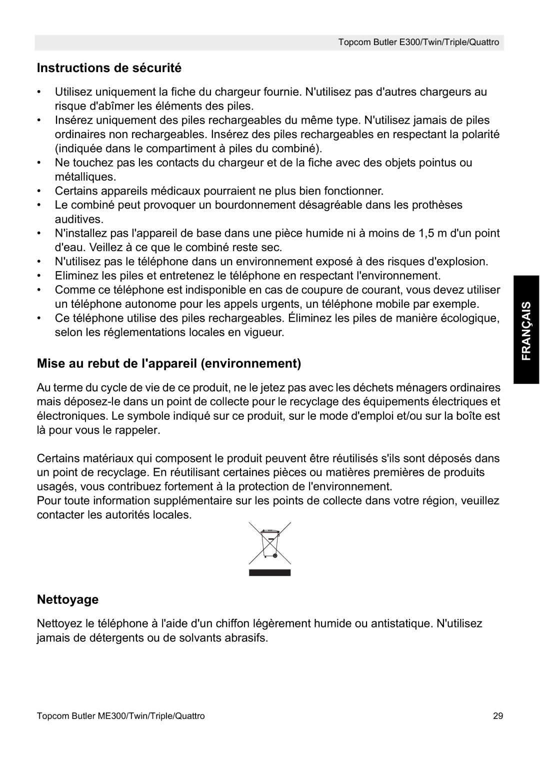 Topcom E300 manual do utilizador Instructions de sécurité, Mise au rebut de lappareil environnement, Nettoyage 