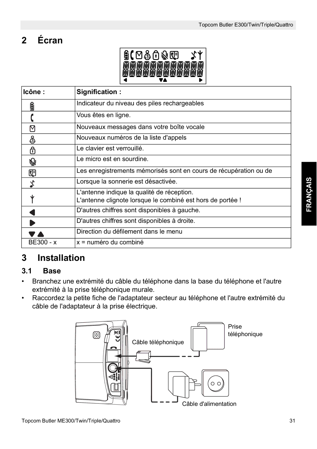 Topcom E300 manual do utilizador Écran, Icône Signification 