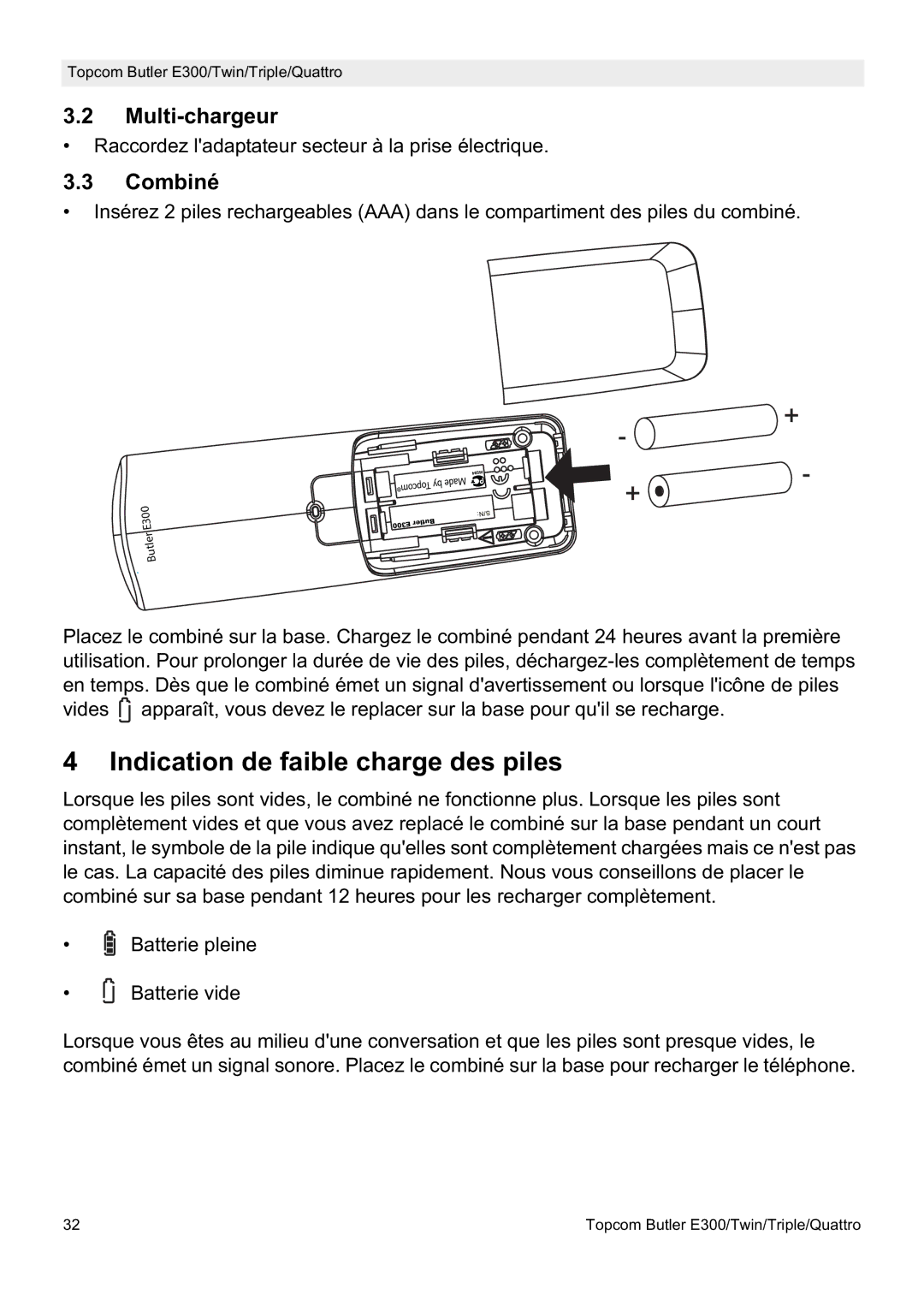 Topcom E300 manual do utilizador Indication de faible charge des piles, Multi-chargeur, Combiné 