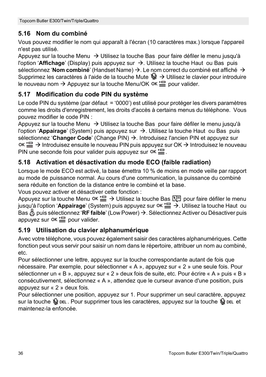 Topcom E300 Nom du combiné, Modification du code PIN du système, Activation et désactivation du mode ECO faible radiation 