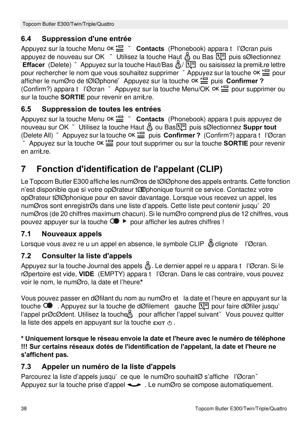 Topcom E300 manual do utilizador Fonction didentification de lappelant Clip 