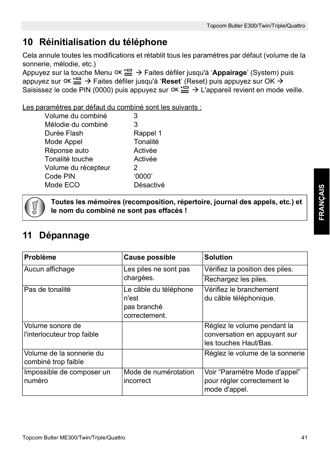 Topcom E300 manual do utilizador 10 Réinitialisation du téléphone, 11 Dépannage, Problème Cause possible Solution 