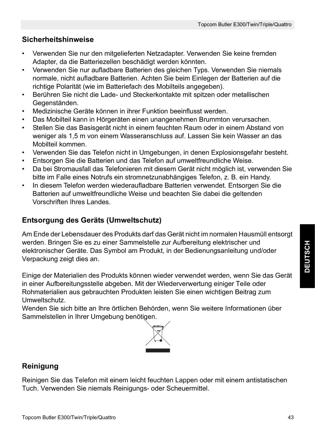 Topcom E300 manual do utilizador Sicherheitshinweise, Entsorgung des Geräts Umweltschutz, Reinigung 