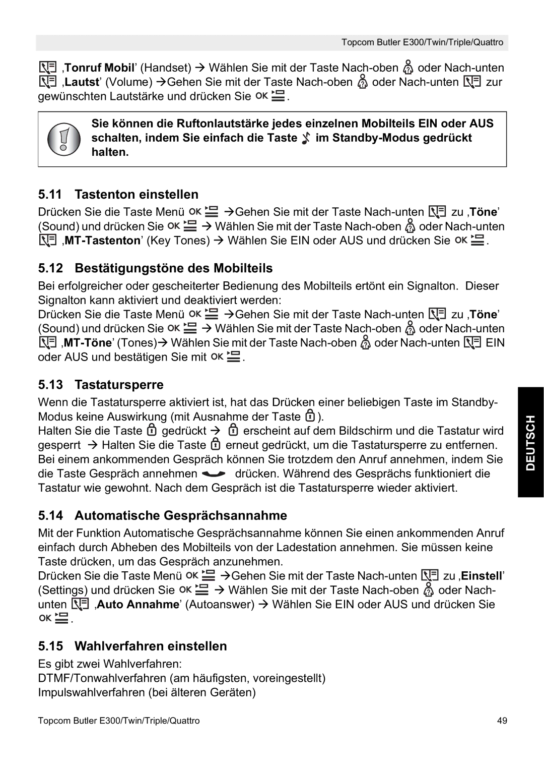 Topcom E300 Tastenton einstellen, Bestätigungstöne des Mobilteils, Tastatursperre, Automatische Gesprächsannahme 