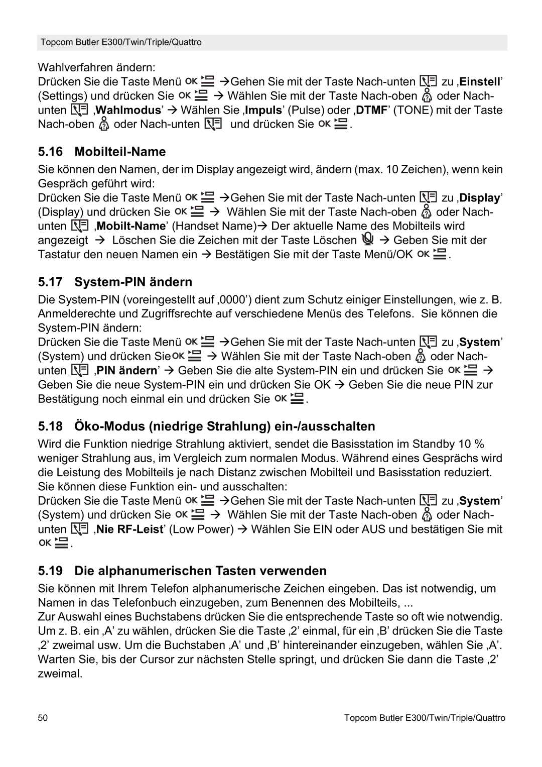 Topcom E300 manual do utilizador Mobilteil-Name, System-PIN ändern, 18 Öko-Modus niedrige Strahlung ein-/ausschalten 