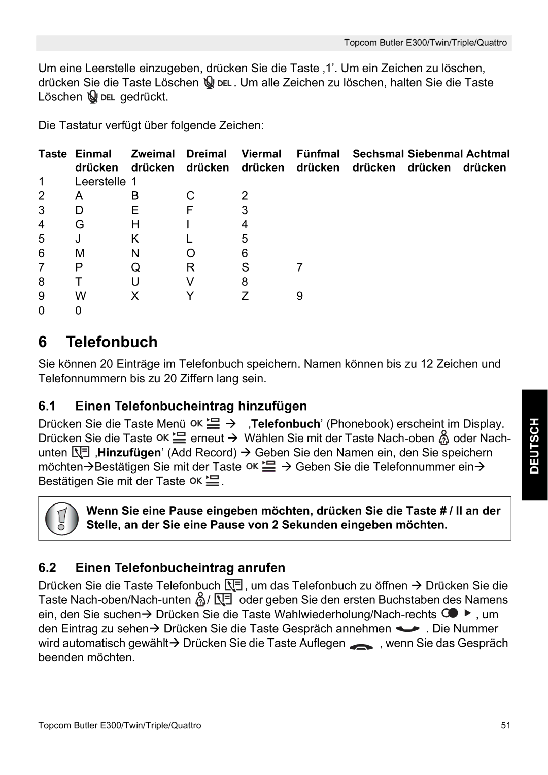 Topcom E300 manual do utilizador Einen Telefonbucheintrag hinzufügen, Einen Telefonbucheintrag anrufen 