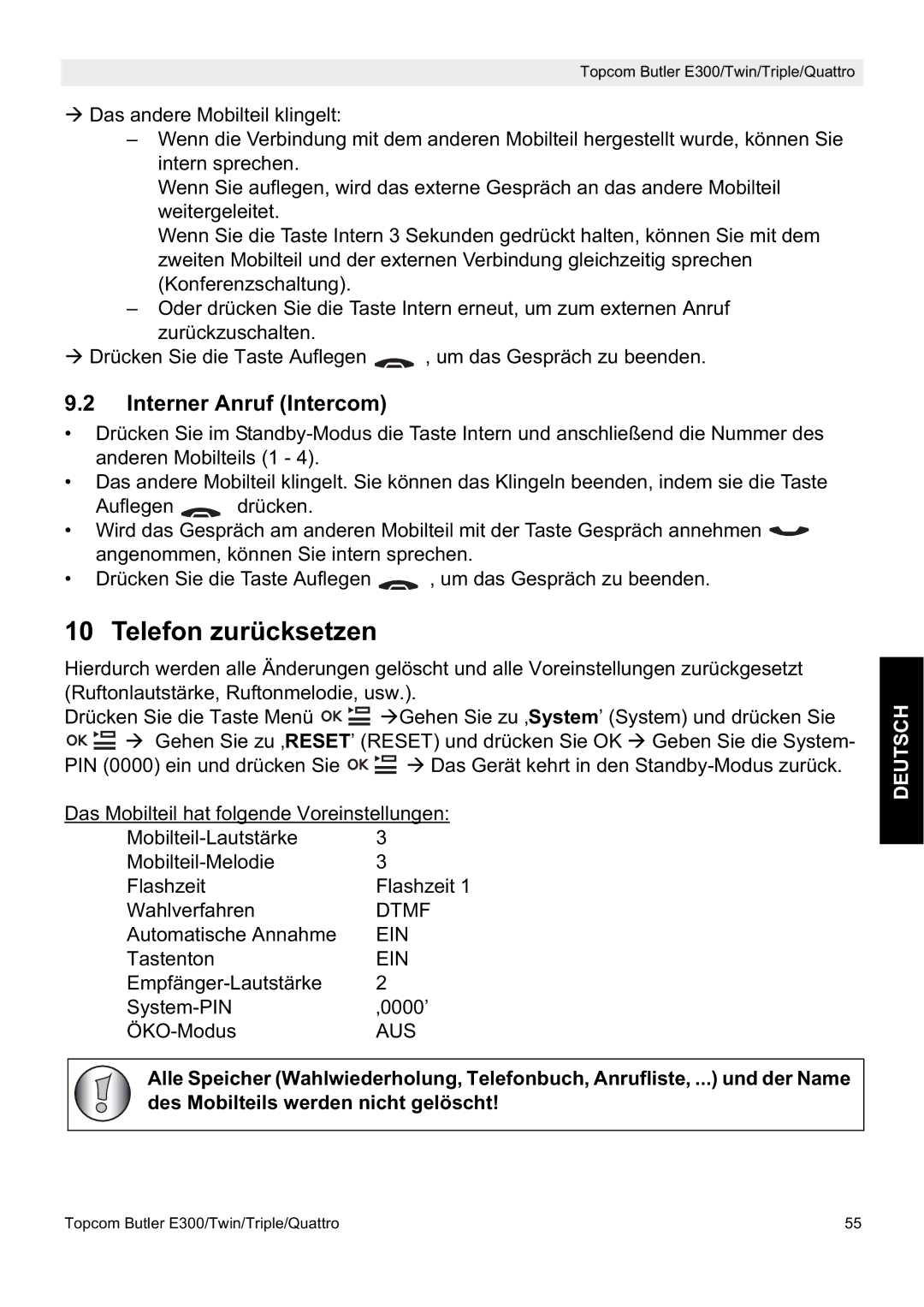 Topcom E300 manual do utilizador Telefon zurücksetzen, Interner Anruf Intercom 