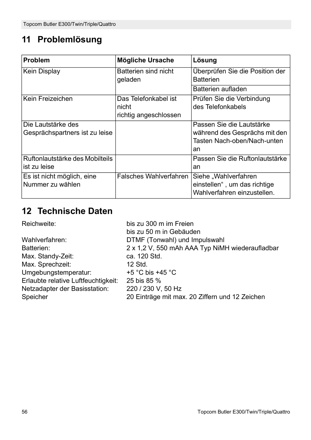 Topcom E300 manual do utilizador Problemlösung, Problem Mögliche Ursache Lösung 