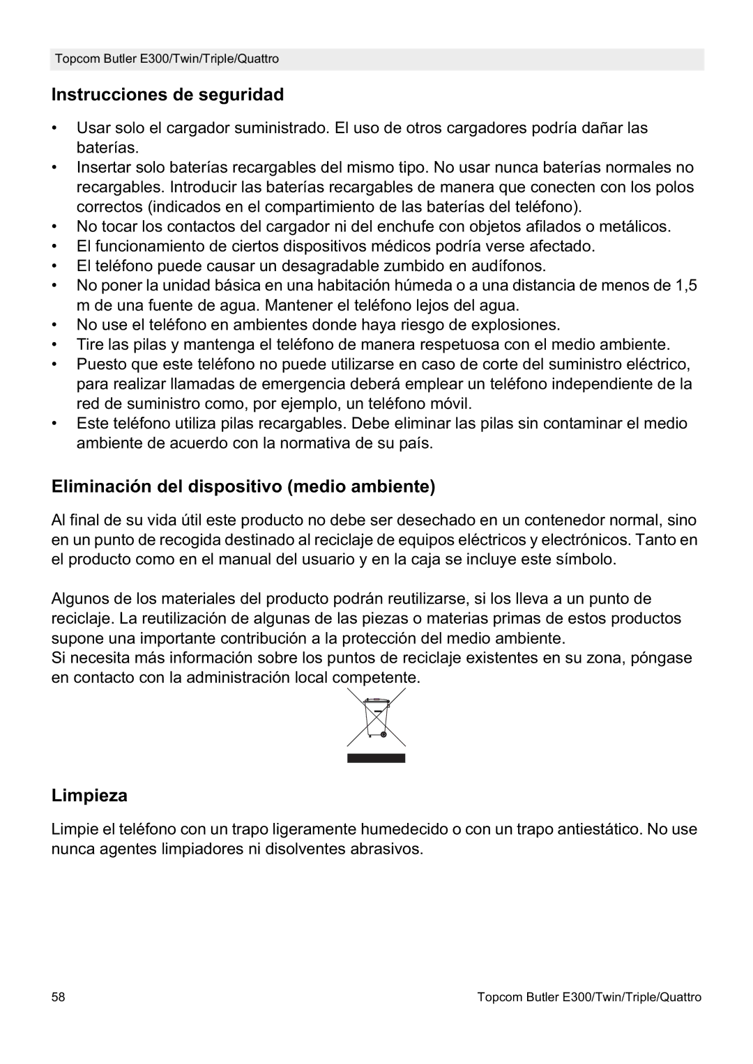 Topcom E300 manual do utilizador Instrucciones de seguridad, Eliminación del dispositivo medio ambiente, Limpieza 