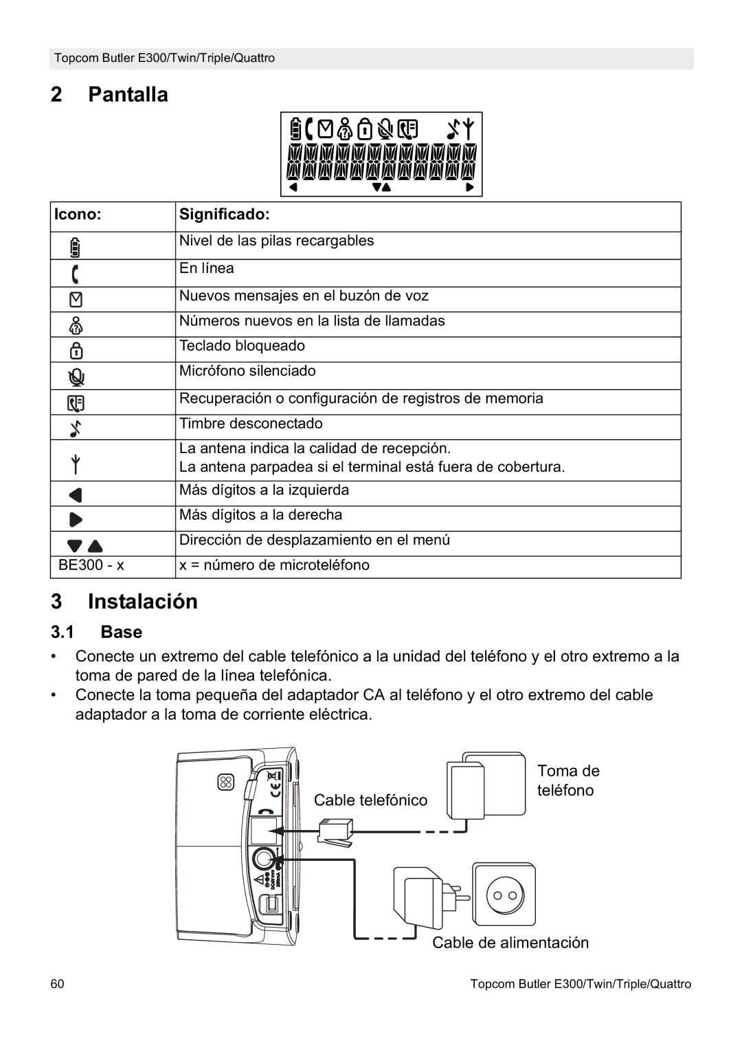 Topcom E300 manual do utilizador Pantalla, Instalación, Icono Significado 