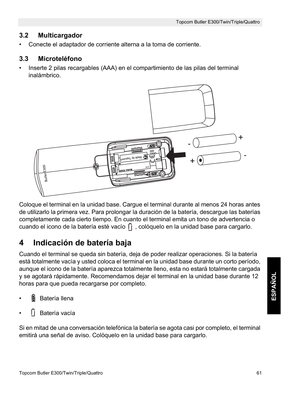 Topcom E300 manual do utilizador Indicación de batería baja, Multicargador, Microteléfono 