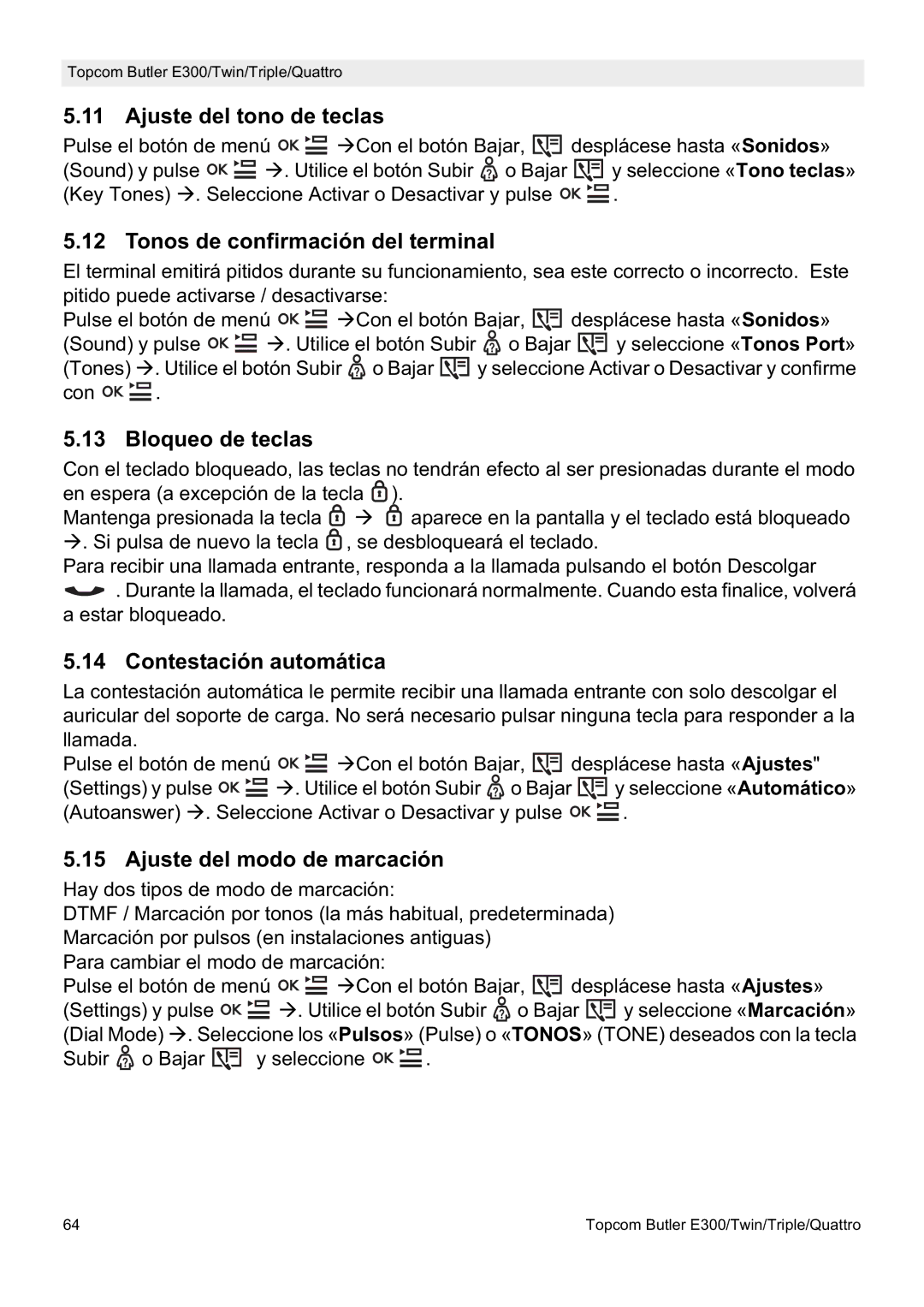 Topcom E300 Ajuste del tono de teclas, Tonos de confirmación del terminal, Bloqueo de teclas, Contestación automática 