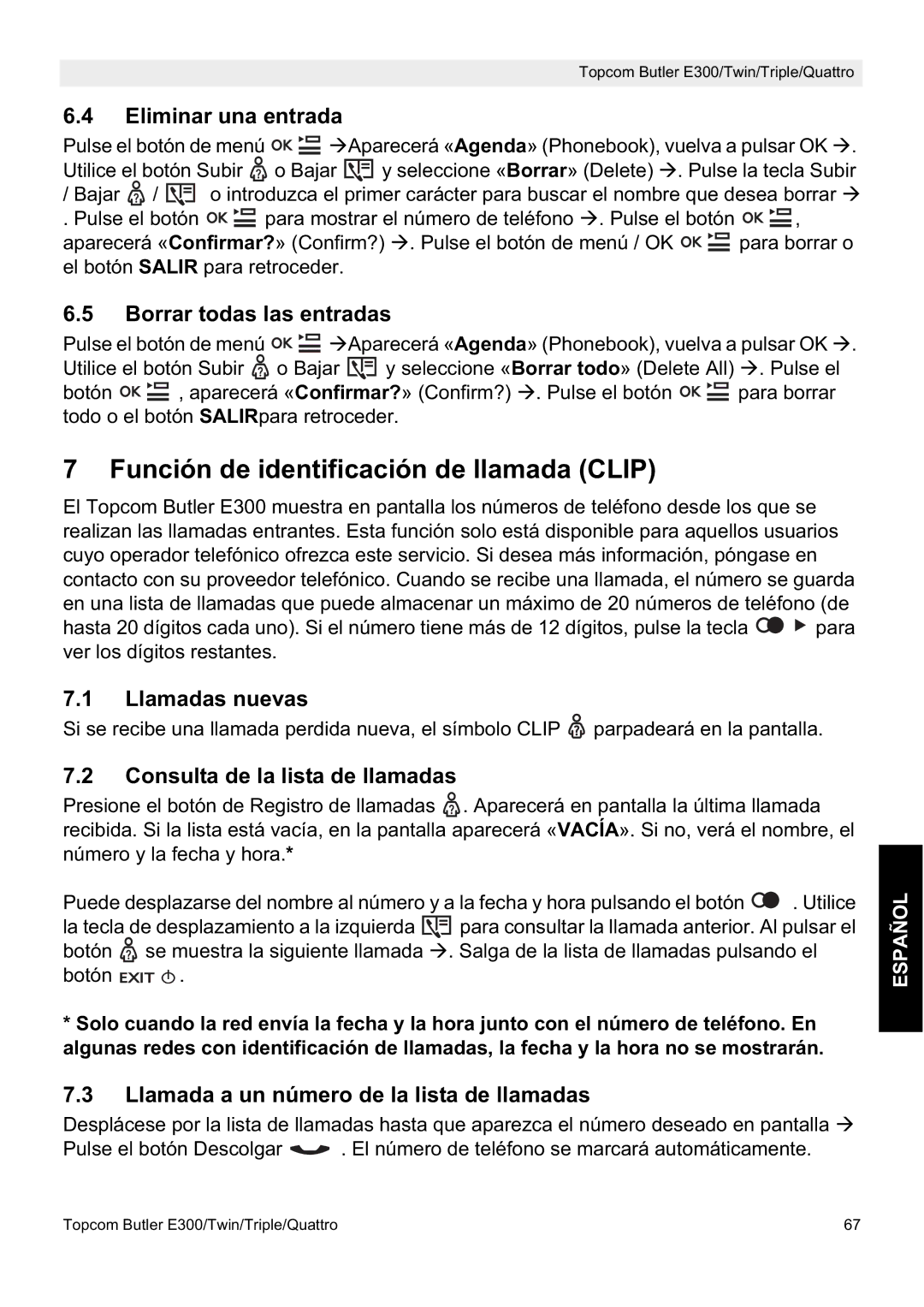 Topcom E300 manual do utilizador Función de identificación de llamada Clip 