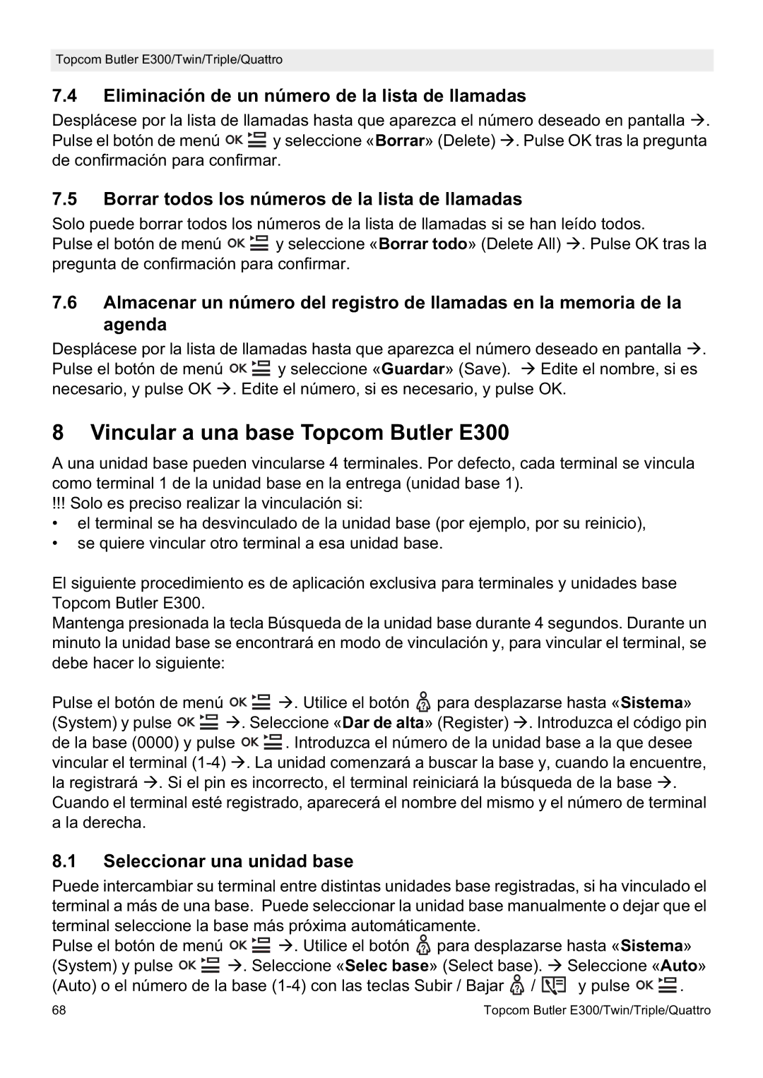 Topcom manual do utilizador Vincular a una base Topcom Butler E300, Eliminación de un número de la lista de llamadas 