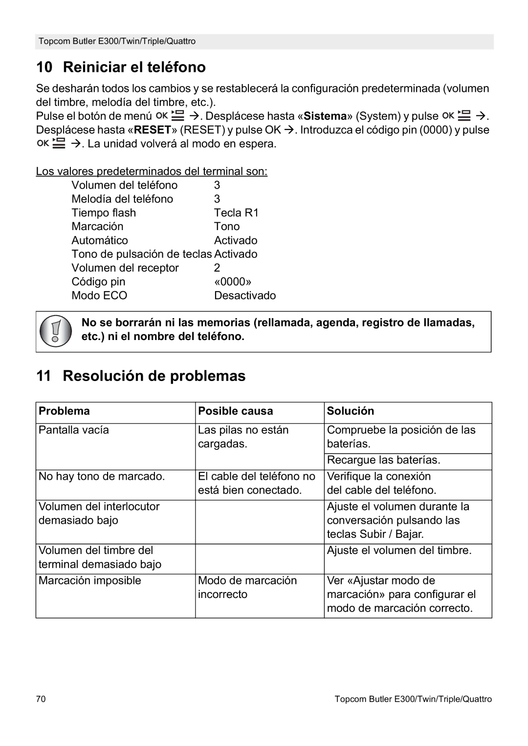 Topcom E300 manual do utilizador Reiniciar el teléfono, Resolución de problemas, Problema Posible causa Solución 