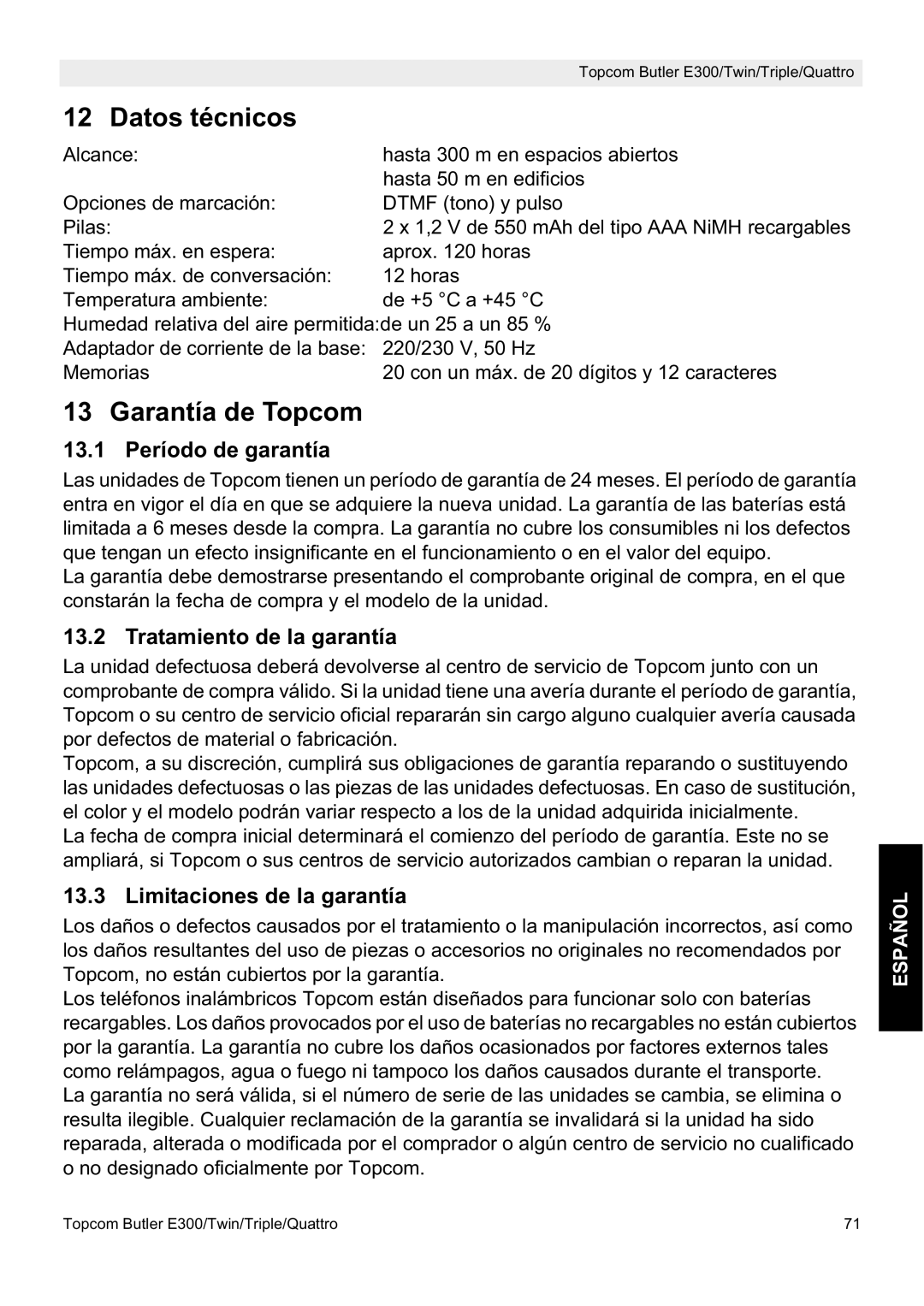 Topcom E300 manual do utilizador Datos técnicos, Garantía de Topcom, 13.1 Período de garantía, Tratamiento de la garantía 