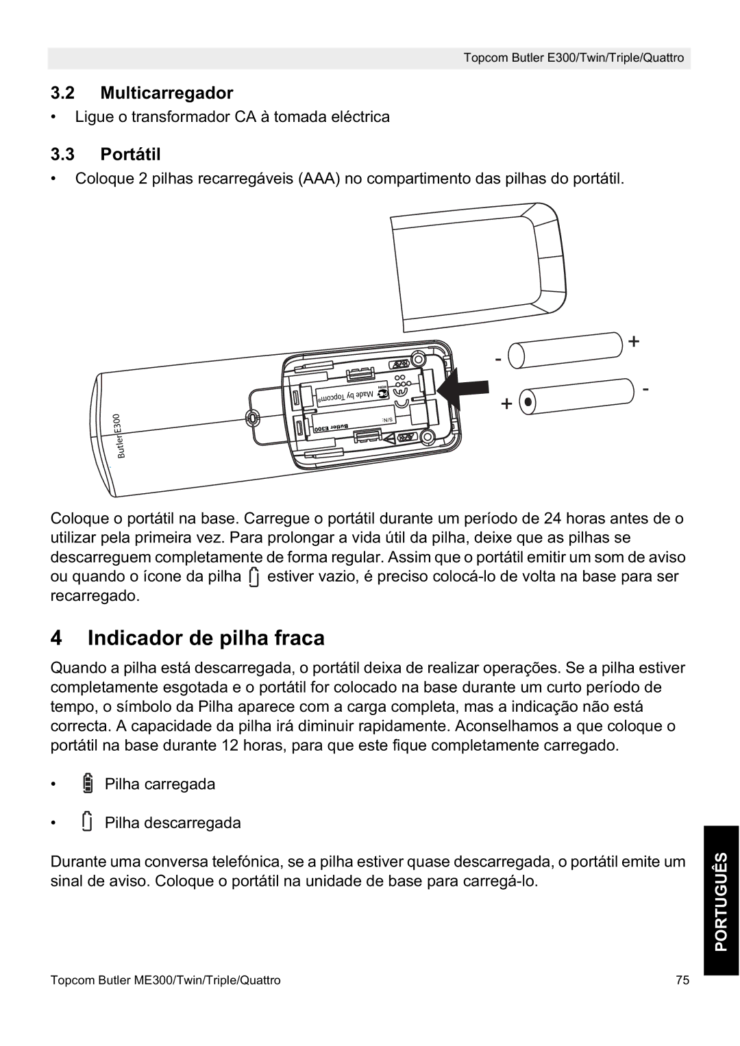 Topcom E300 manual do utilizador Indicador de pilha fraca, Multicarregador, Portátil 