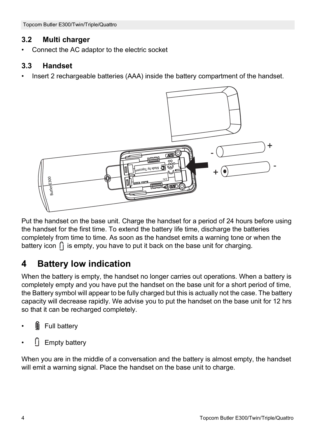 Topcom E300 manual do utilizador Battery low indication, Multi charger, Handset 