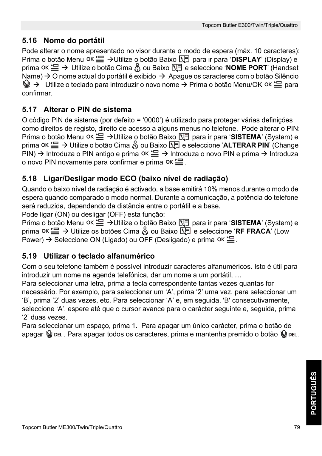 Topcom E300 Nome do portátil, Alterar o PIN de sistema, Ligar/Desligar modo ECO baixo nível de radiação 