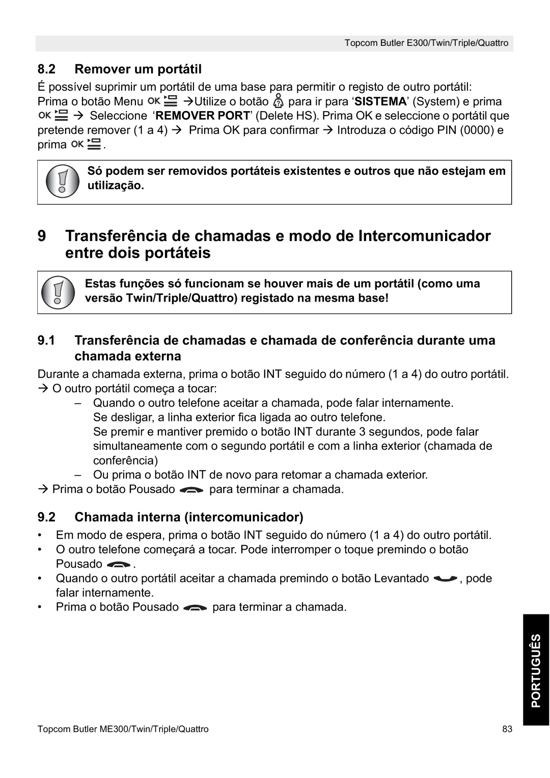 Topcom E300 manual do utilizador Remover um portátil, Chamada interna intercomunicador 