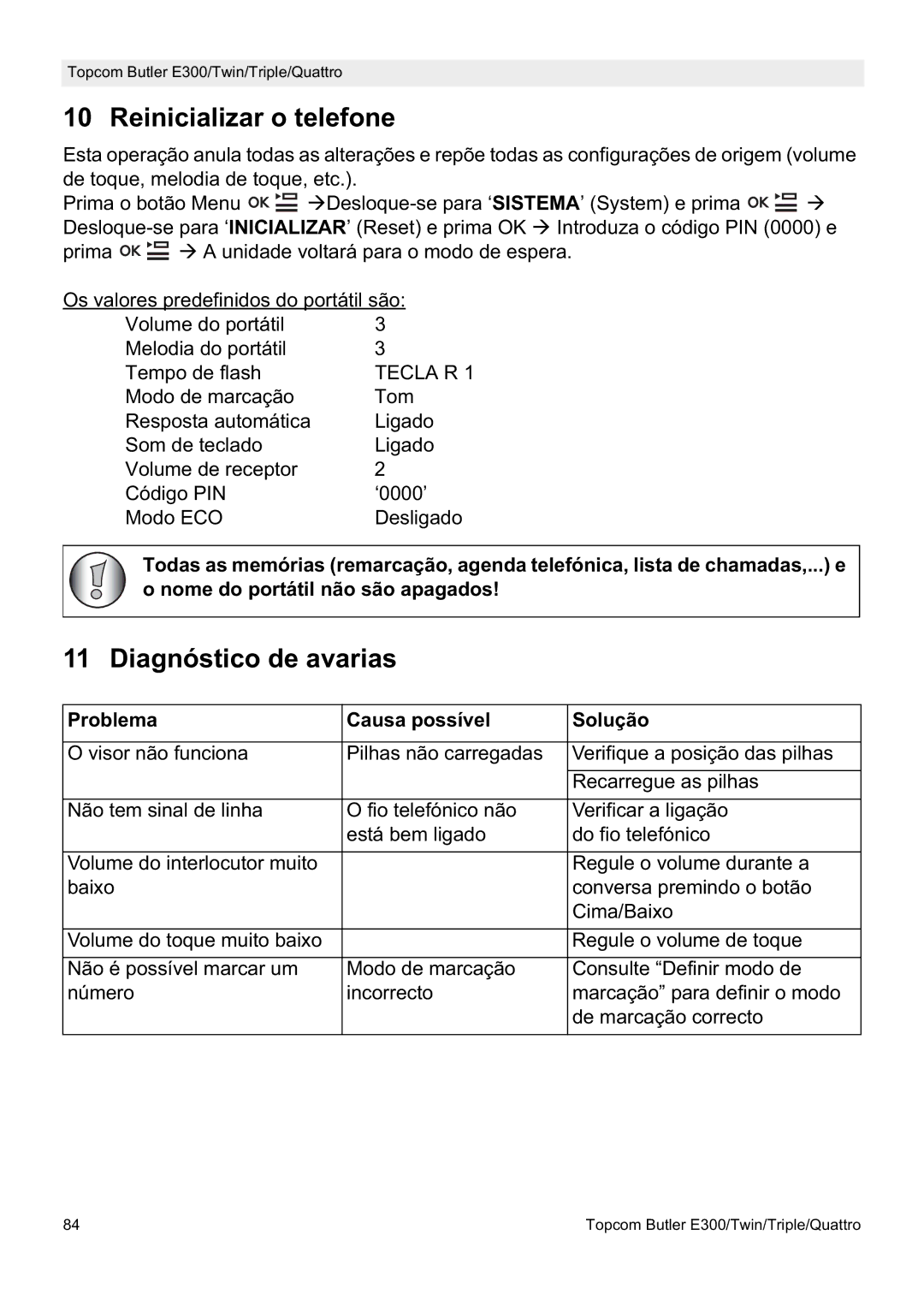 Topcom E300 manual do utilizador Reinicializar o telefone, Diagnóstico de avarias, Problema Causa possível Solução 