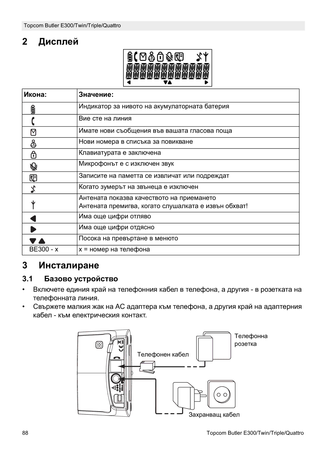 Topcom E300 manual do utilizador Ⱦɢɫɩɥɟɣ, Ɂɧɫɬɚɥɢɪɚɧɟ, Ȼɚɡɨɜɨ ɭɫɬɪɨɣɫɬɜɨ, Ɂɤɨɧɚ Ɂɧɚɱɟɧɢɟ 